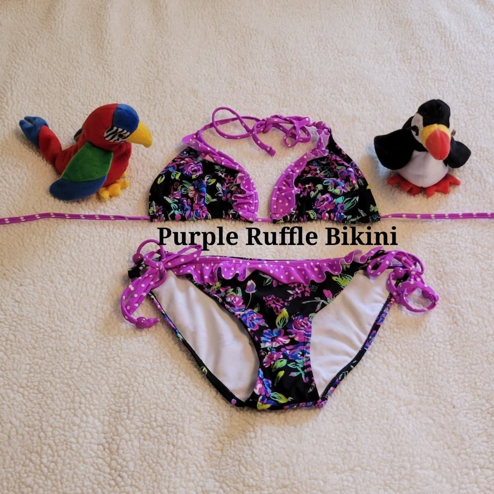 Purple multi color ruffle polka dot 2 pc string bikini sz: M